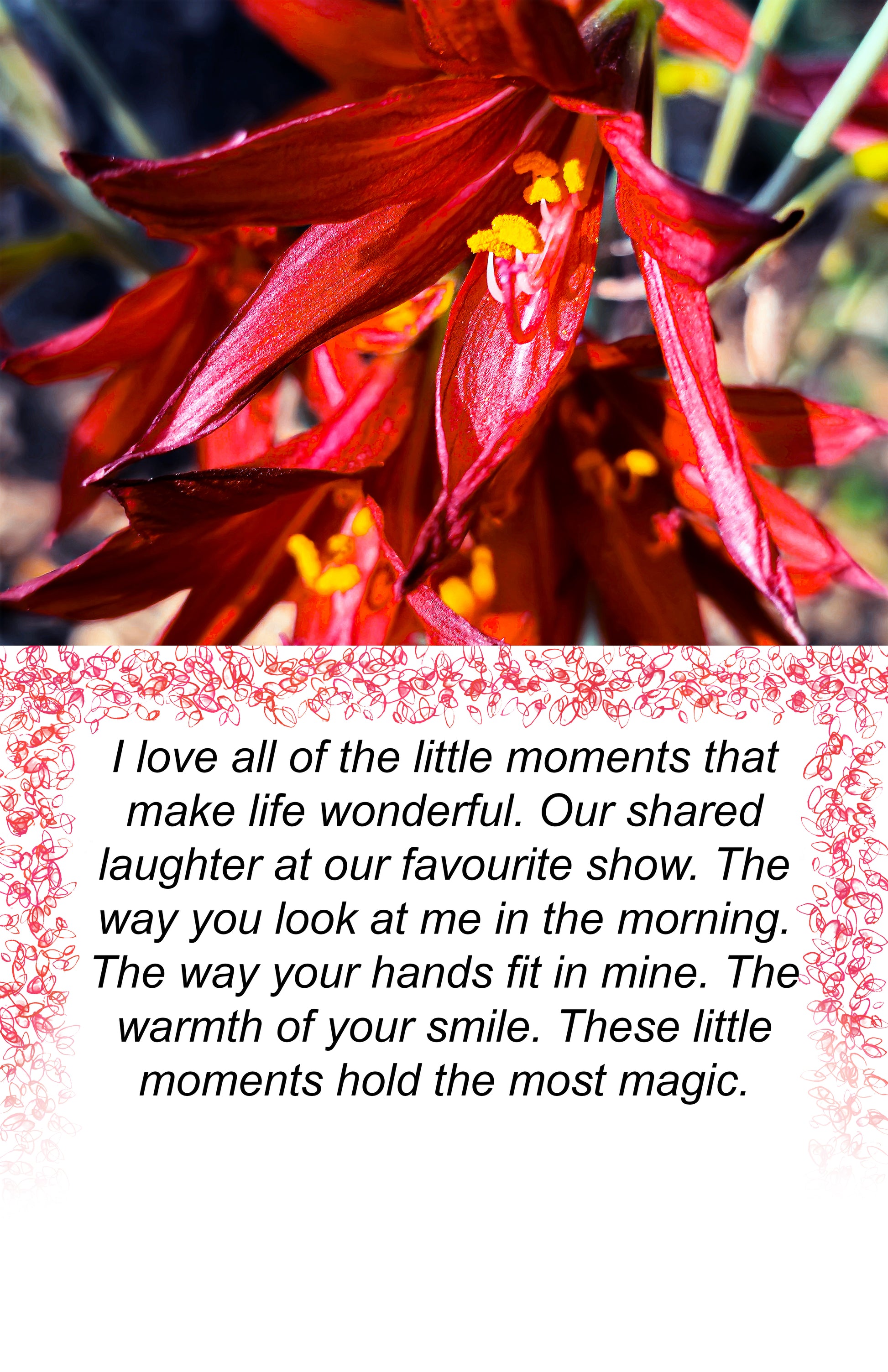 Little Moments message card. Jewelry holding message card. oxblood lilly